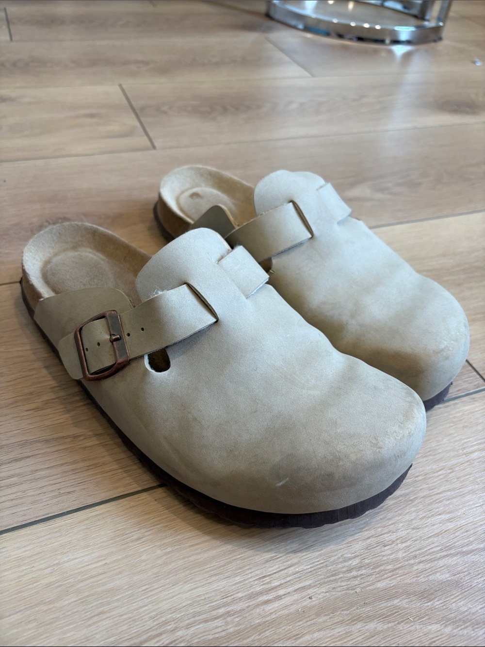 Beige Suede Slip-On Clogs with Buckle